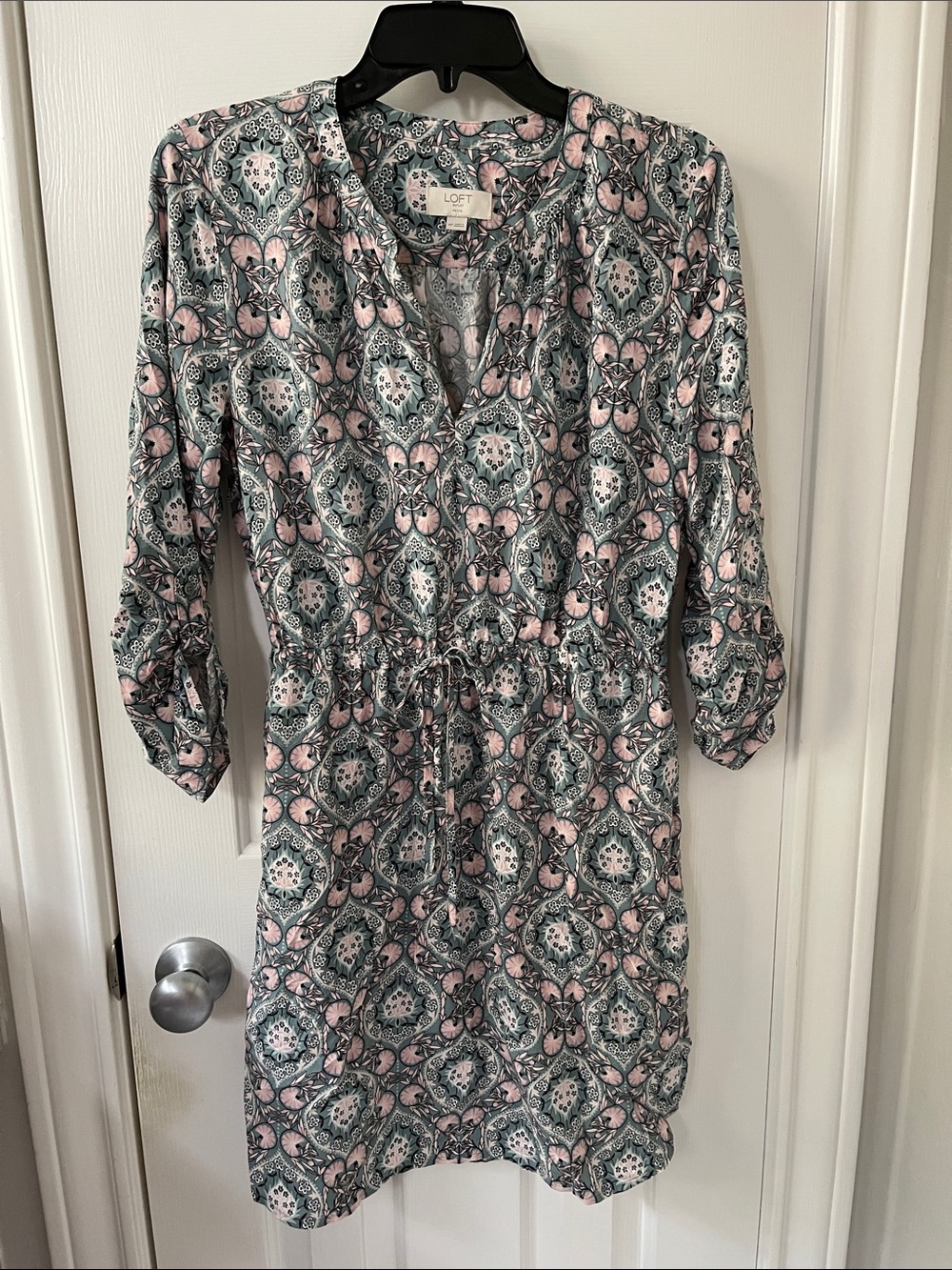 LOFT Pink and Green Printed Drawstring V-Neck Dress